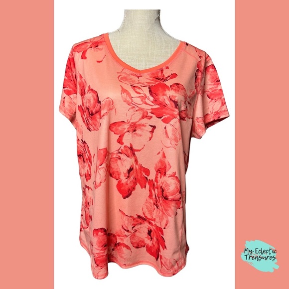 St. John's Bay Peach Floral Short Sleeve Quick Dry Tee with Rounded Neckline - Picture 1 of 6